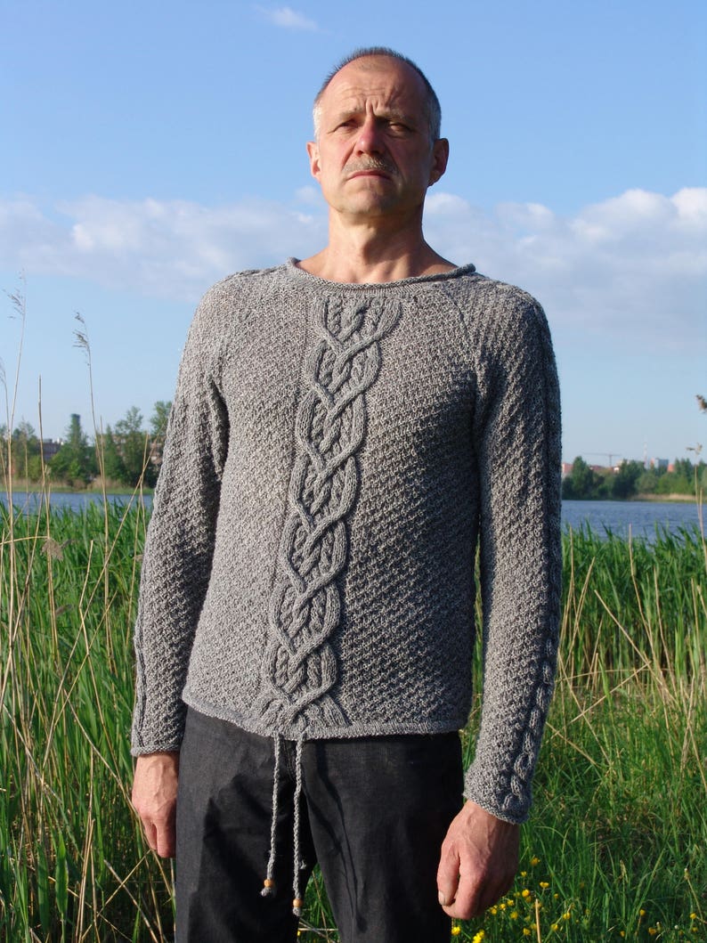 Man sweater gray knitted from wool with plaits Christmas gift image 1