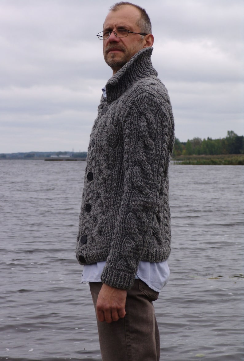 Man jacket gray wool knitted with buttons winter sweater cardigan christmas gift image 3