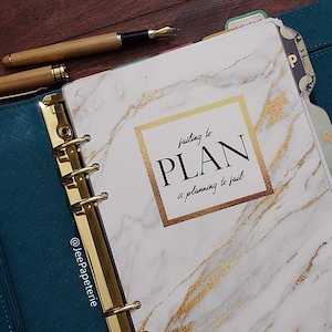 Planner DASHBOARD: Failing to Plan is Planning to Fail quote w/ White/Gray/Gold Marble not foiled for A5, Personal, Half-Letter, Pocket image 1