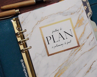 Planner DASHBOARD: "Failing to Plan is Planning to Fail" quote w/ White/Gray/Gold Marble (not foiled) for A5, Personal, Half-Letter, Pocket