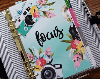 Planner DASHBOARD: "Focus" with camera & florals layered on aqua-ombre geometric abstract background (A5, Personal, Half-Letter, Pocket)