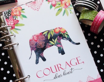 Planner DASHBOARD: &quot;Courage, Dear Heart&quot; Watercolor Tribal-Aztec Design Elephant, Florals, & Shapes (A5, Personal, Half-Letter, Pocket)