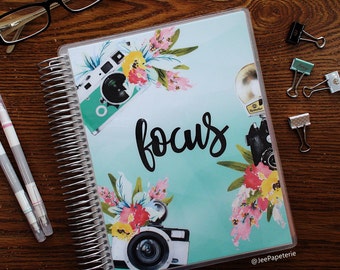 Planner COVER, Happy Planner Cover, Erin Condren Cover, Recollections Cover, Levenger Cover: "focus", cameras, aqua-ombre, 10-mil lam.