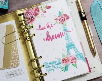 Planner DASHBOARD: "Live the Dream" for A5, Personal, Pocket, Franklin Planners, etc. (Paris Eiffel Tower with florals & watercolor spots)