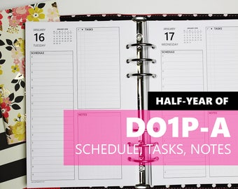 DO1P-A, HALF-YEAR of Daily Inserts-Version A w/schedule, tasks, notes (multiple sizes and punch options available) day-on-a-page