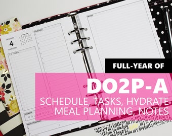 DO2P-A, FULL-YEAR of Daily Inserts-Version A: schedule, tasks, hydrate, meal, notes (multiple sizes & punch options available)