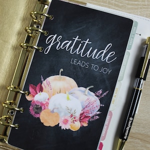 Planner DASHBOARD: Fall/Autumn/Pumpkin "Gratitude Leads to Joy" with Chalkboard background (A5, Personal, Half-Letter, Pocket)