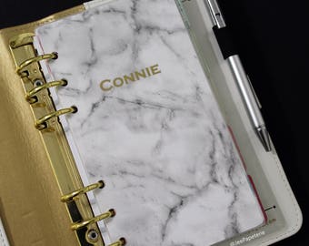 Planner DASHBOARD: Marble (gray & white) with Name Personlization in Gold Foil for A5, Personal, Half-Letter, Pocket