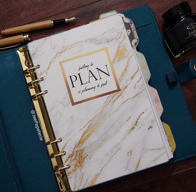 Planner DASHBOARD: Failing to Plan is Planning to Fail quote w/ White/Gray/Gold Marble not foiled for A5, Personal, Half-Letter, Pocket image 1