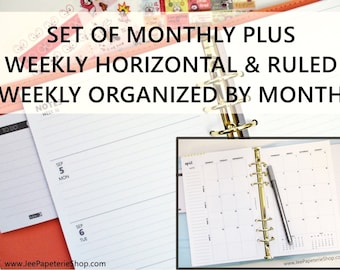 Printed HALF-LETTER Size: SET of Monthly + Weekly *Ruled* Horizontal Planner Inserts (5.5"x8.5" fits into A5 Planners)