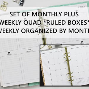 Printed HALF-LETTER Size: SET of Monthly + Weekly *Ruled Boxes* Quadrant Dated (5.5"x8.5" fits into A5 binder, Levenger, and Franklin)