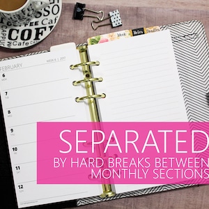 May include: A planner with a gold binder, open to a February calendar page. The planner has a black and white chevron pattern and a pink banner with the text "SEPARATED BY HARD BREAKS BETWEEN MONTHLY SECTIONS". Includes lined pages.