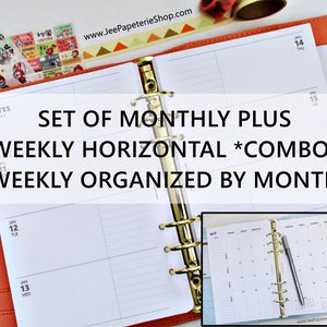 May include: A set of monthly and weekly planner pages in a binder with gold rings. The pages are white with black text and lines. The monthly pages are in a grid format and the weekly pages are in a horizontal format. The text on the cover reads "Set of Monthly Plus Weekly Horizontal *Combo* Weekly Organized by Month".