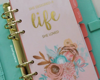 Planner DASHBOARD, A5, Personal, Half-Letter: "She Designed a Life She Loved" gold foil, ombre/watercolor/florals, 5-mil Laminated