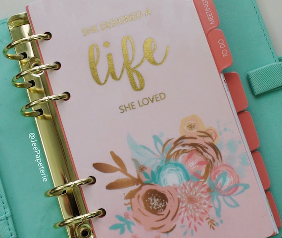 Planner DASHBOARD, A5, Personal, Half-Letter: "She Designed a Life She Loved" gold foil, ombre/watercolor/florals, 5-mil Laminated