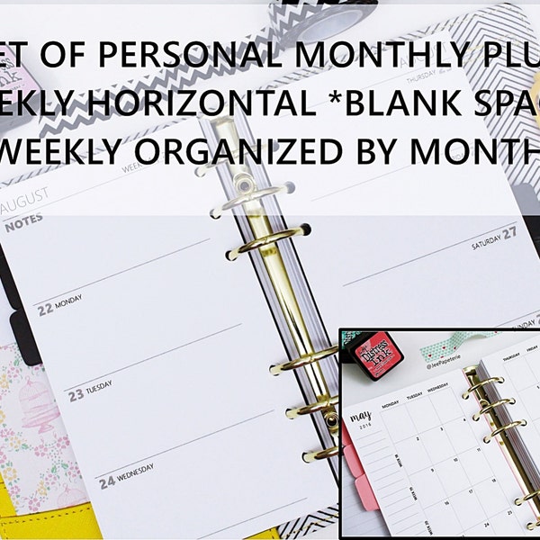 Printed PERSONAL-SIZE: SET of Monthly + Weekly *Blank Space* Horizontal Dated Weekly Planner Inserts (3.7" x 6.7" fits personal)