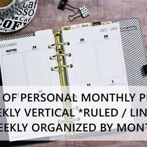 May include: A black and white planner with a gold binder. The planner has a monthly and weekly layout with ruled lines. The text on the planner says "Set of Personal Monthly Plus Weekly Vertical *Ruled / Lined* - Weekly Organized by Month - "