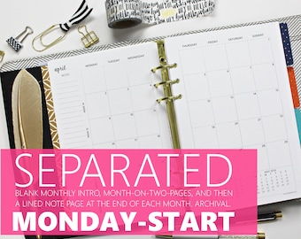Printed Monthly Inserts SEPARATED, MONDAY-START: 12-Months + 2 Annual, MO2P (Half-Letter Size 5.5"x8.5" fits into A5 planner binders)