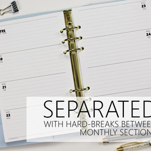 May include: A white planner with gold rings and a blue cover. The planner has a weekly view with dates for August 20-26, 2018. The text "NOTES" and "WEEK 34-2018" is printed at the top of the page. The text "SEPARATED WITH HARD-BREAKS BETWEEN MONTHLY SECTIONS" is printed at the bottom of the page.