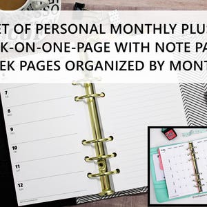 May include: A black and white patterned binder with gold rings. The binder has a white page with a weekly planner layout and a lined page. The text on the cover reads "SET OF PERSONAL MONTHLY PLUS WEEK-ON-ONE-PAGE WITH NOTE PAGE - WEEK PAGES ORGANIZED BY MONTH - "