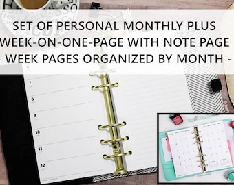 Printed SET of Monthly + Week with Note Page (WO1P + Notes) Dated Planner Inserts (Personal, Franklin Compact, Personal-Wide, A6, HP Mini)