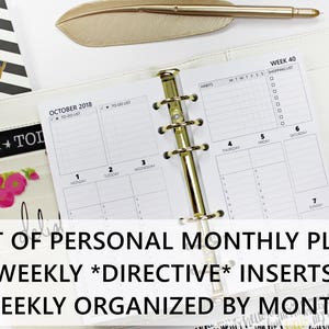 Printed PERSONAL-SIZE: SET of Monthly + Weekly *Directive* Hourly/Timeline Planner Inserts (available for personal/Franklin Covey compact)