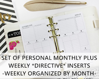 Printed PERSONAL-SIZE: SET of Monthly + Weekly *Directive* Hourly/Timeline Planner Inserts (available for personal/Franklin Covey compact)