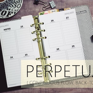 May include: A black and white planner with a gold binder ring system. The planner has a chevron pattern on the cover and the pages are labeled with the month of January and the days of the week. The text "PERPETUAL { CONTINUOUS FLOW, BACK-TO-BACK }" is printed on the bottom of the planner.
