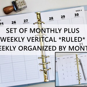 Printed HALF-LETTER Size: SET of Monthly + Weekly *Ruled/Lined* Vertical Planner Inserts (5.5&quot;x8.5&quot; fits into A5 Planners)