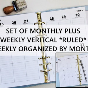 Printed HALF-LETTER Size: SET of Monthly + Weekly *Ruled/Lined* Vertical Planner Inserts (5.5"x8.5" fits into A5 Planners)