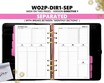 May include: A black planner with gold accents, open to a weekly spread. The pages are white with pink dividers and include sections for tasks and a tracker. Text at the top reads "WO2P-DIR1-SEP" and "SEPARATED".