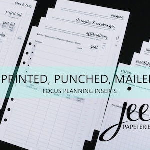 May include: A set of printable planner inserts for a disc bound planner. The inserts include pages for goal setting, project lists, monthly focus, vision statements, and reflections. The inserts are printed, punched, and mailed.