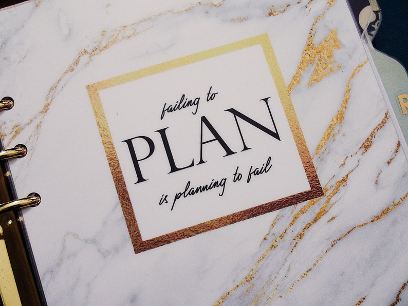 Planner DASHBOARD: Failing to Plan is Planning to Fail quote w/ White/Gray/Gold Marble not foiled for A5, Personal, Half-Letter, Pocket image 2