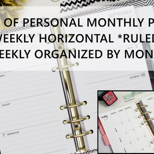 Printed PERSONAL-SIZE: SET of Monthly + Weekly *Ruled* Horizontal Dated Planner Inserts - 3.7" x 6.7" (fits personal, compact, pocket, wide)