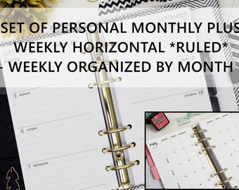 Printed PERSONAL-SIZE: SET of Monthly + Weekly *Ruled* Horizontal Dated Planner Inserts - 3.7&quot; x 6.7&quot; (fits personal filofax/medium kikki-K)