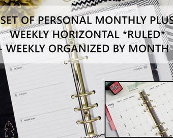 Printed PERSONAL-SIZE: SET of Monthly + Weekly *Ruled* Horizontal Dated Planner Inserts - 3.7" x 6.7" (fits personal filofax/medium kikki-K)