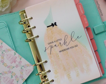 Planner DASHBOARD, A5, Personal, Half-Letter: &quot;Leave a Sparkle Wherever You go&quot; with Peach & Mint Ombre background, 5-mil Laminated
