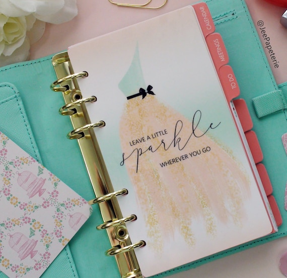 Planner DASHBOARD, A5, Personal, Half-Letter: "Leave a Sparkle Wherever You go" with Peach & Mint Ombre background, 5-mil Laminated