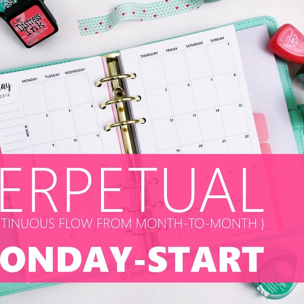 Printed Monthly Insert: PERPETUAL MONDAY-START, 12-Months & 2 Annual, MO2P (3.7" x 6.7" Personal-Size or 4.25"x6.75" Franklin Compact)