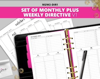 Printed Set of Monthly + Weekly DIRECTIVE Hourly Inserts w/Tasks, Tracking, & Lists; Sizes: Personal, FC, A6, Half-Letter (fits in A5 rings)