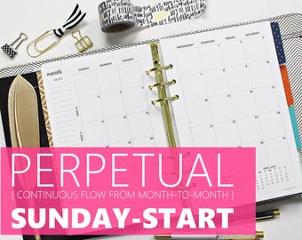 Printed Monthly Inserts PERPETUAL, SUNDAY-START: 12-Months & 2 Annual Calendars, MO2P (Half-Letter Size 5.5"x8.5" - fits into A5 planners)