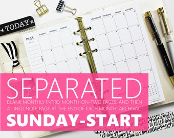 Printed Monthly Insert: SEPARATED SUNDAY-START, 12-Months & 2 Annual, MO2P (3.7" x 6.7" Personal-Size or 4.25"x6.75" Franklin Compact)