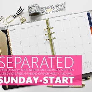 Printed Monthly Inserts SEPARATED, SUNDAY-START: 12-Months & Annual, MO2P (Half-Letter Size 5.5"x8.5" fits into A5 planner binders)