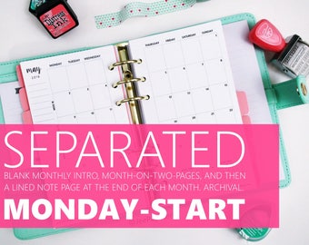 Printed Monthly Insert: SEPARATED MONDAY-START, 12-Months & 2 Annual, MO2P (3.7" x 6.7" Personal-Size or 4.25"x6.75" Franklin Compact)