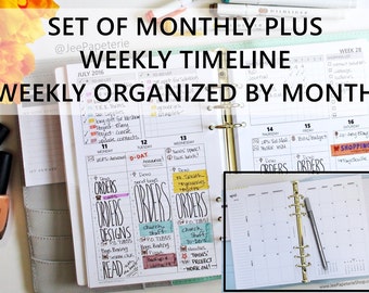 Printed HALF-LETTER Size: SET of Monthly + Weekly *Directive* Hourly/Timeline Inserts, To-Do List & Tracking (5.5"x8.5" fits into A5 binder)