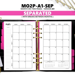 Printed Inserts MONTH-on-Two-Pages SEPARATED with breaks between months (MO2P-A1-SEP), Sizes: half-letter, personal, compact, pocket, a6 etc