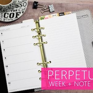Printed PERPETUAL Weekly Horizontal Planner Inserts, WO1P + Notes (Grid, Dot, Line), Sizes: Personal, FC Compact, Pers Wide, A6, HP Mini