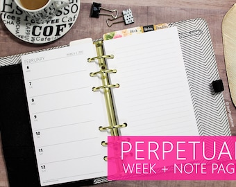 Printed PERPETUAL Weekly Horizontal Planner Inserts, WO1P + Notes (Grid, Dot, Line), Sizes: Personal, FC Compact, Pers Wide, A6, HP Mini