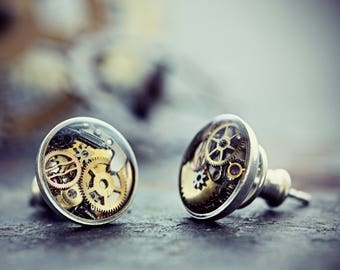 Watch Part Earrings Steampunk Jewelry Studs Sterling Silver Resin Clock Gears Gift For Her Gothic Clothing Victorian Costume