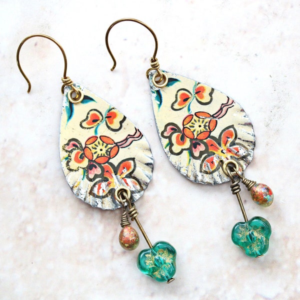 1970's Style Flower Power Fan Earrings Upcycled Grungy Tin Earrings Faux Opals 10th Wedding Anniversary Gift